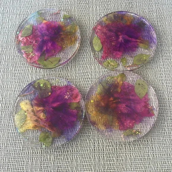 Handmade Pressed Flower Coaster Set and Holder Round Vibrant - Picture 12 of 16